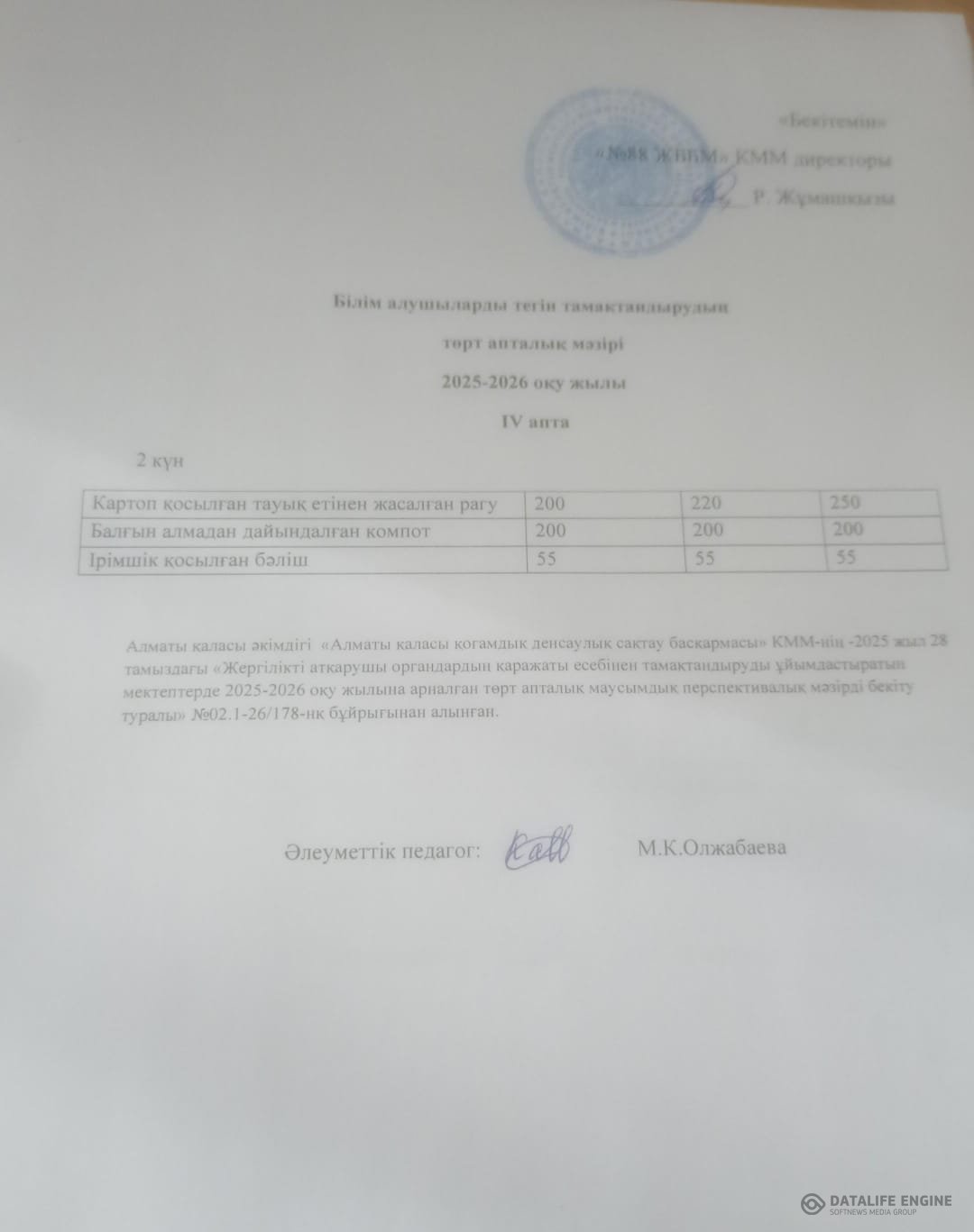 27.01.2026 ж. Ас мәзірінің (фотосуреті)